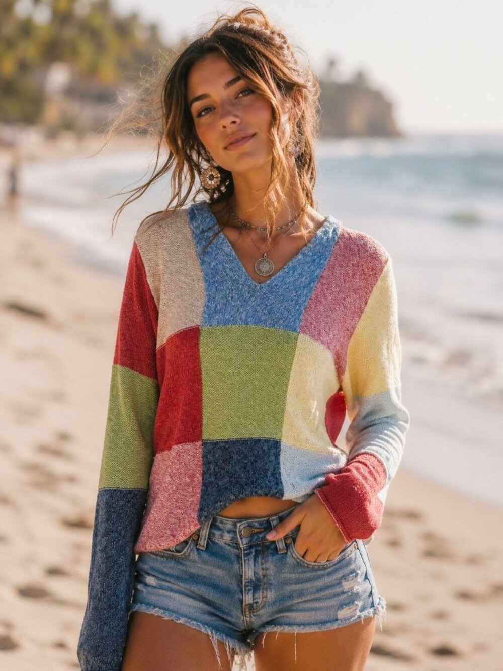 Vintage Y2K‎ No Boundaries Patchwork Hooded Sweater Knit Beach Bum Size Medium